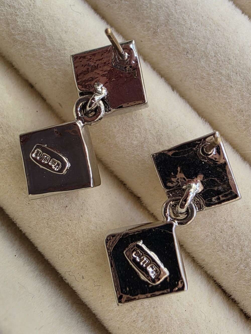 Butler: Clear Square Crystal Drop Earrings - Dangle Double Square 14K Gold Post - Picture 2 of 7